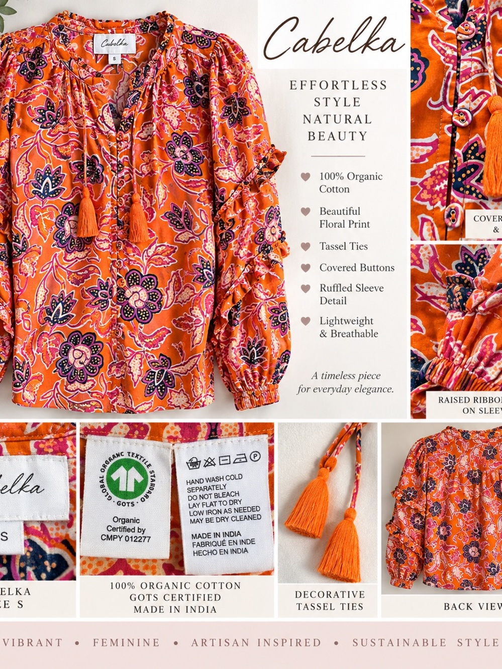 Cleobella Orange Floral Tassel-Tie Blouse size small